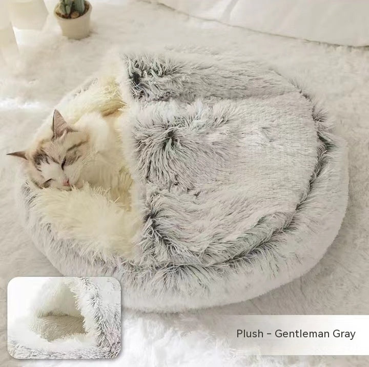 Round Plush Warm Pet Bed House 2 In 1 Sleeping Cushion