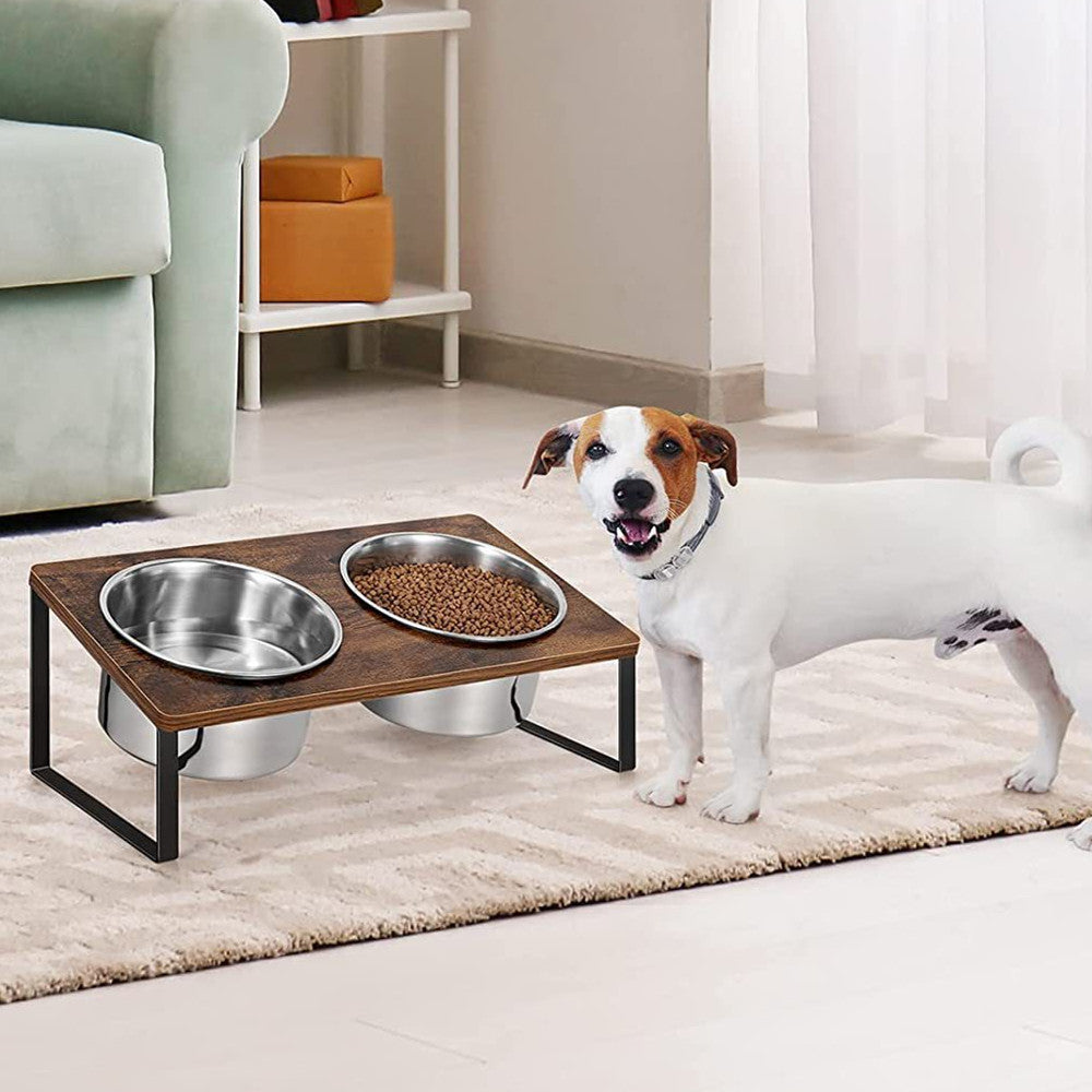 Wood Iron Pet Feeding Rack Bowl Stand Set