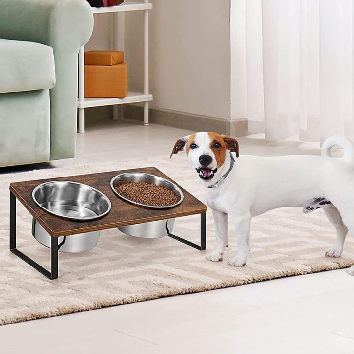 Wood Iron Pet Feeding Rack Bowl Stand Set