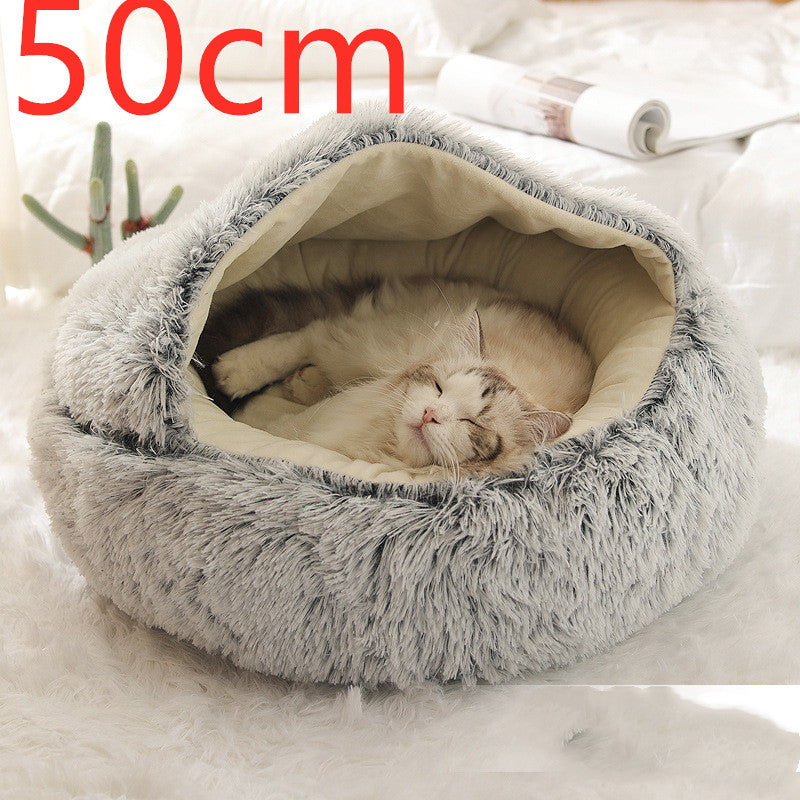 Round Plush Warm Pet Bed House 2 In 1 Sleeping Cushion