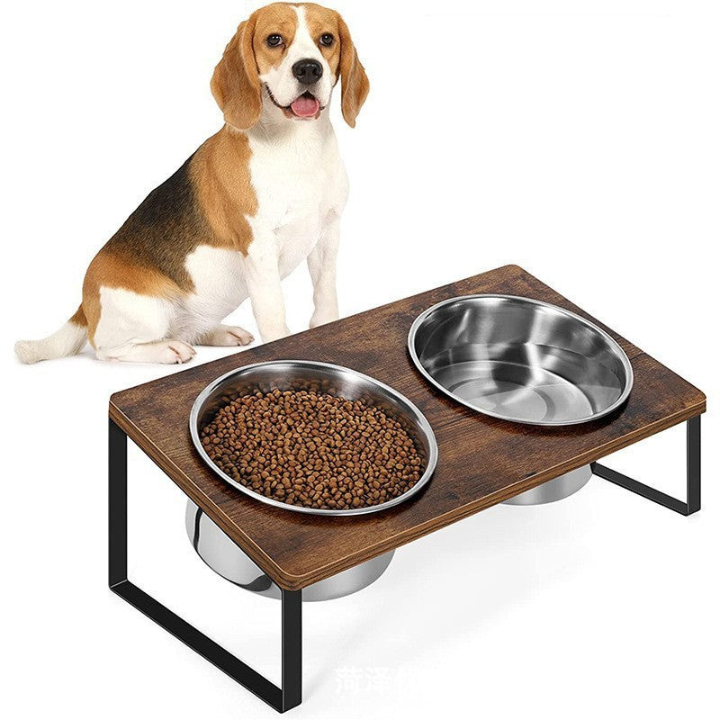 Wood Iron Pet Feeding Rack Bowl Stand Set