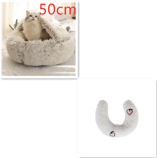 Round Plush Warm Pet Bed House 2 In 1 Sleeping Cushion