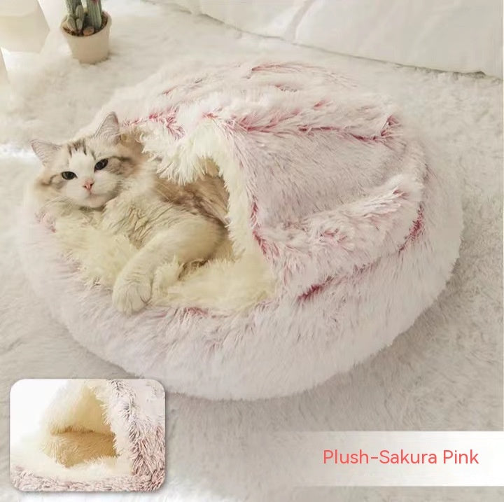 Round Plush Warm Pet Bed House 2 In 1 Sleeping Cushion
