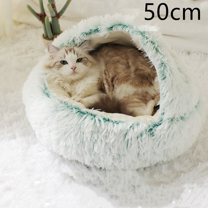 Round Plush Warm Pet Bed House 2 In 1 Sleeping Cushion