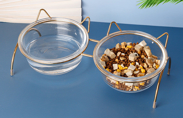 Glass Pet Feeding Bowl With Metal Stand Food Water Dish