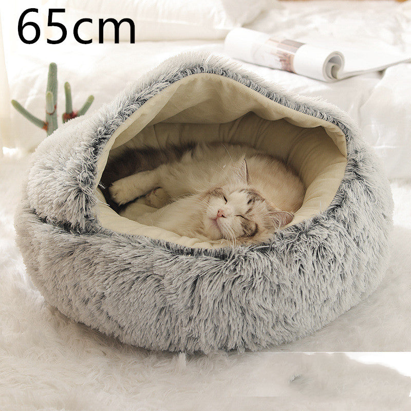 Round Plush Warm Pet Bed House 2 In 1 Sleeping Cushion