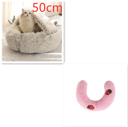 Round Plush Warm Pet Bed House 2 In 1 Sleeping Cushion