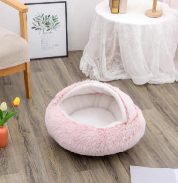 Round Plush Warm Pet Bed House 2 In 1 Sleeping Cushion