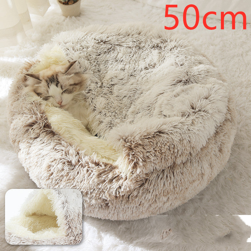 Round Plush Warm Pet Bed House 2 In 1 Sleeping Cushion
