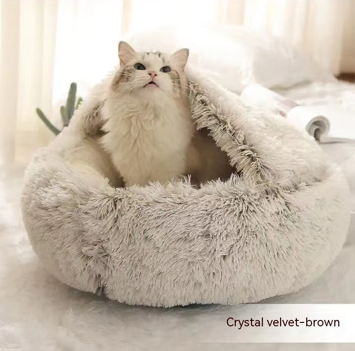Round Plush Warm Pet Bed House 2 In 1 Sleeping Cushion