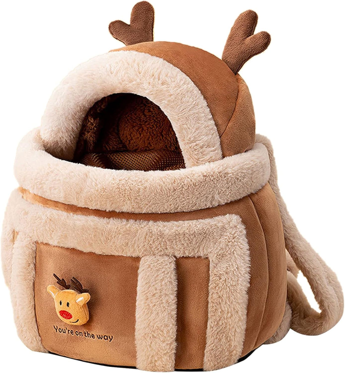 Plush Reindeer Pet Carrier Backpack Travel Bag With Warmers