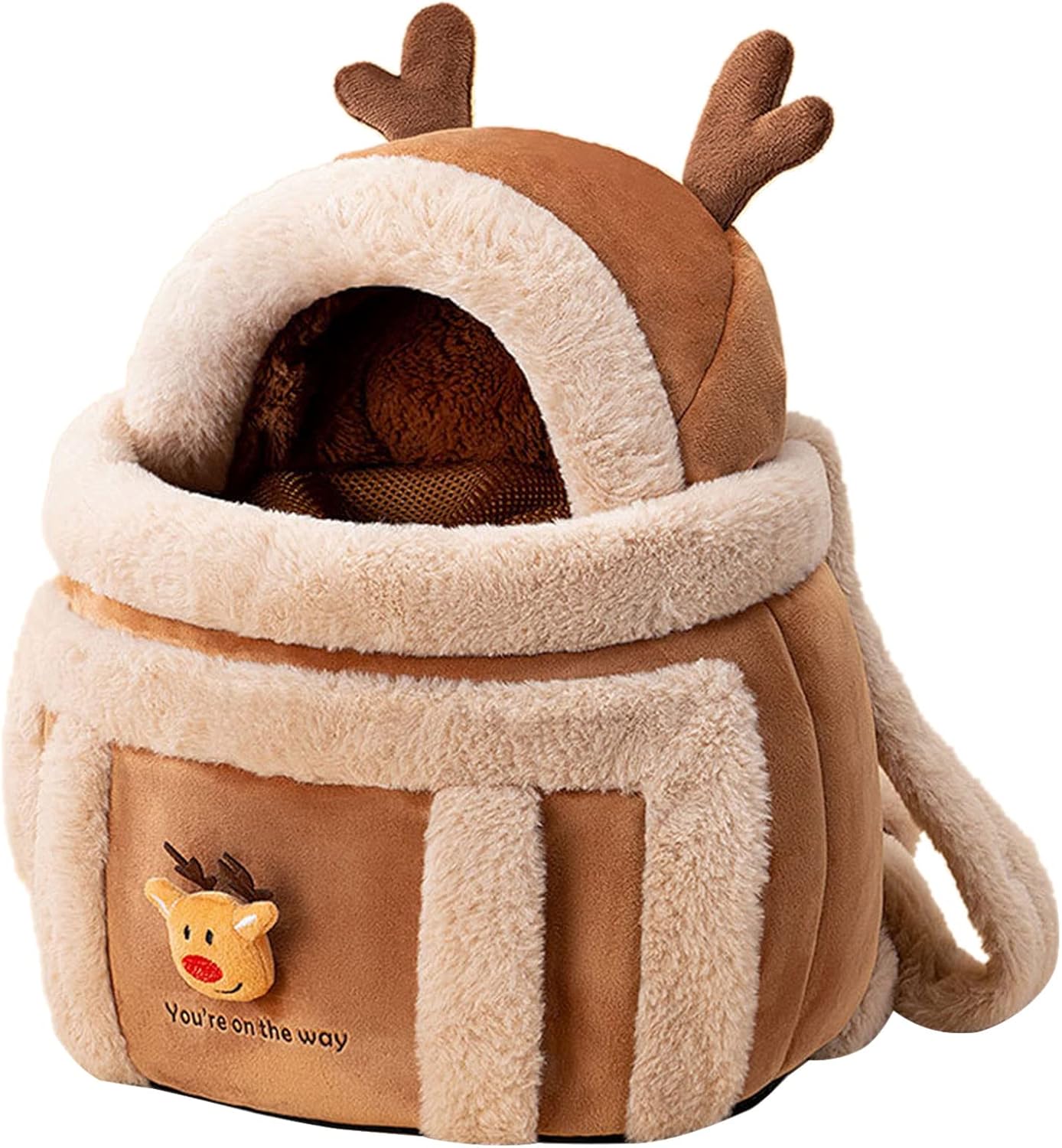 Plush Reindeer Pet Carrier Backpack Travel Bag With Warmers