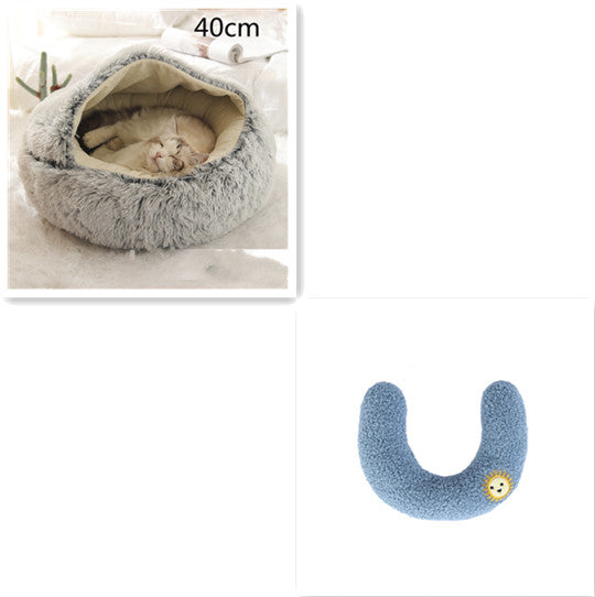 Round Plush Warm Pet Bed House 2 In 1 Sleeping Cushion