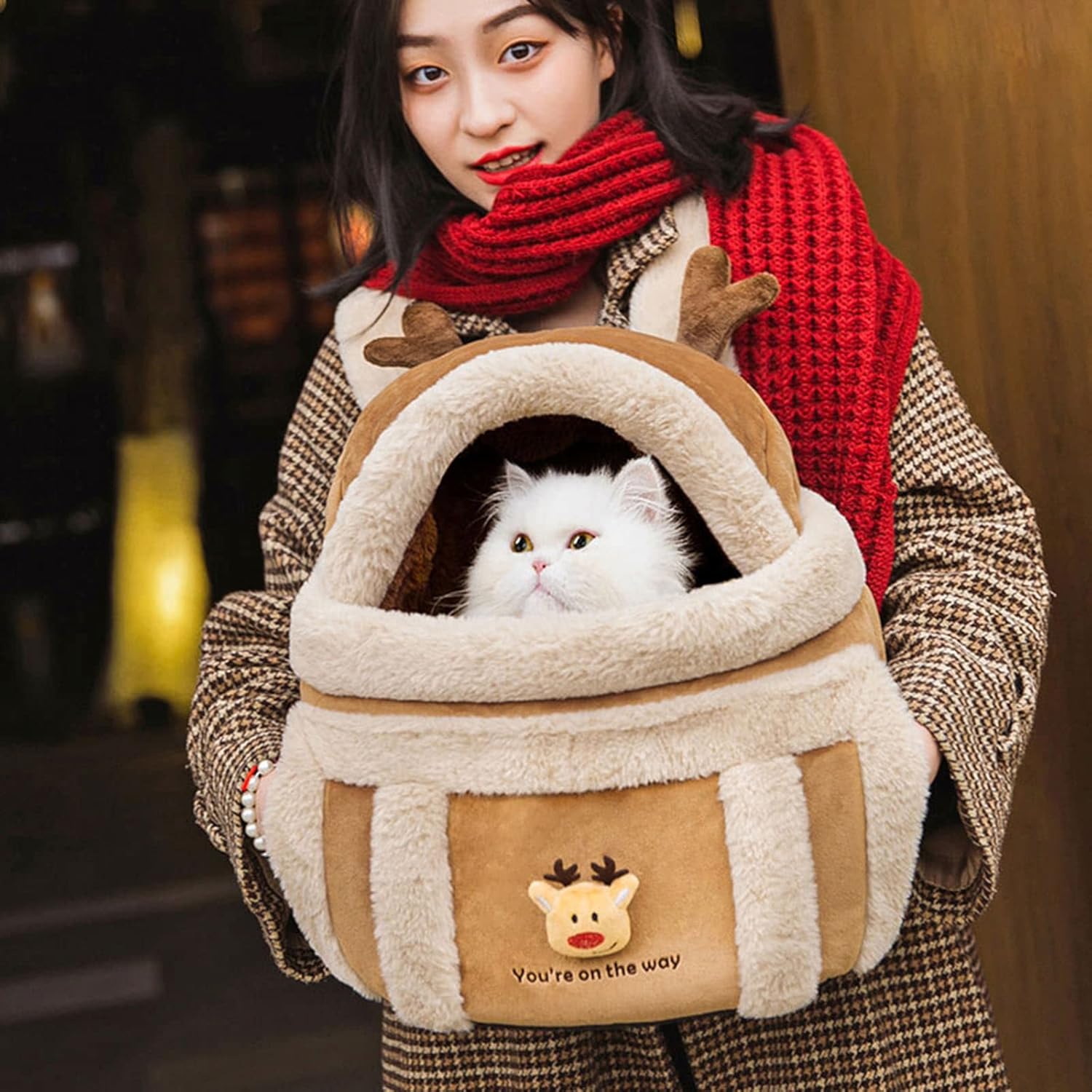 Plush Reindeer Pet Carrier Backpack Travel Bag With Warmers