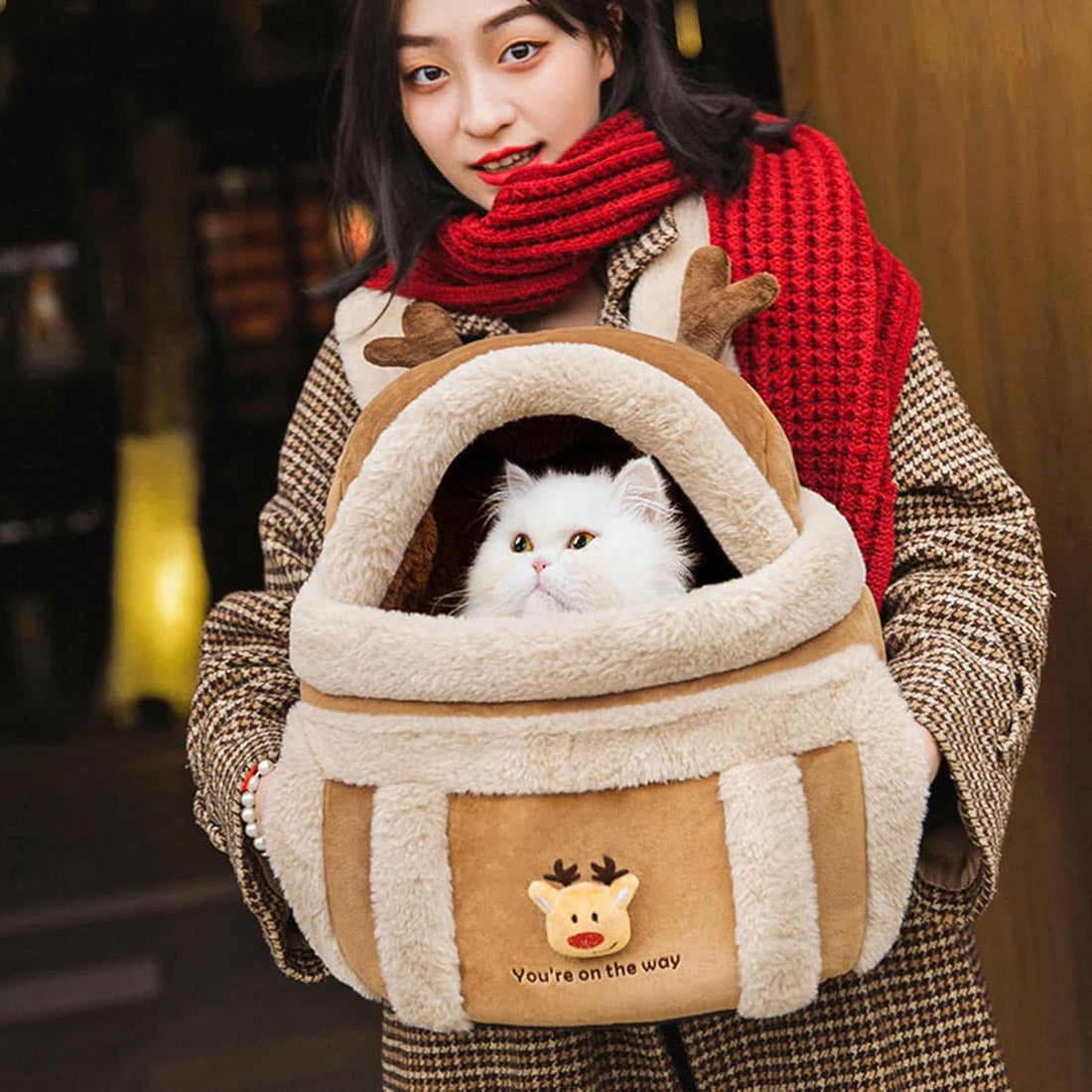 Plush Reindeer Pet Carrier Backpack Travel Bag With Warmers