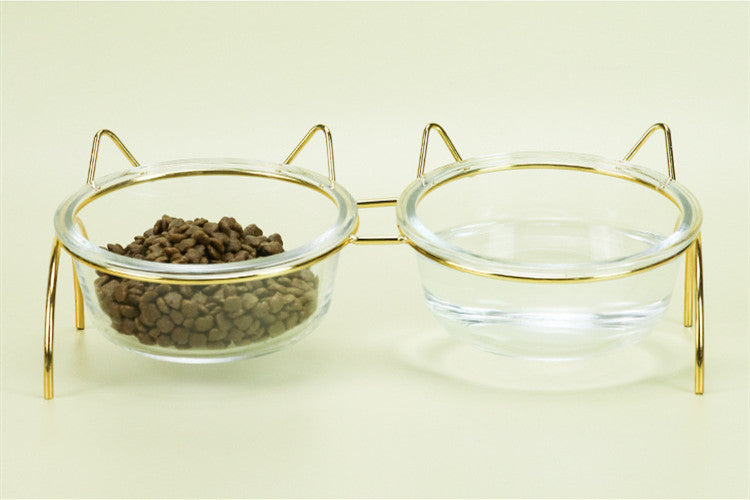Glass Pet Feeding Bowl With Metal Stand Food Water Dish