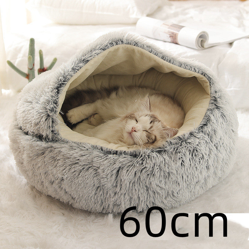 Round Plush Warm Pet Bed House 2 In 1 Sleeping Cushion