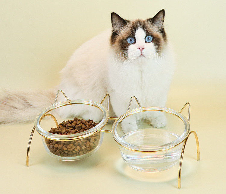 Glass Pet Feeding Bowl With Metal Stand Food Water Dish