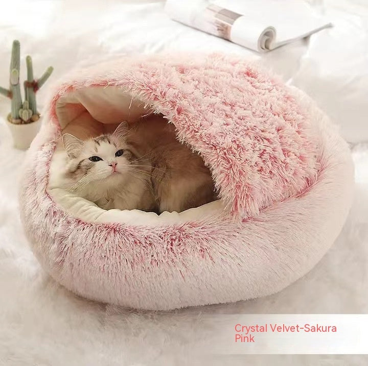 Round Plush Warm Pet Bed House 2 In 1 Sleeping Cushion