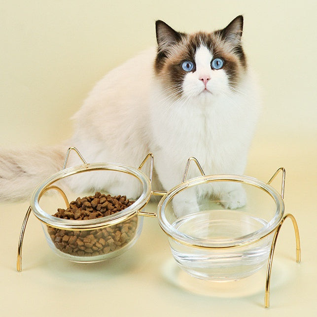 Glass Pet Feeding Bowl With Metal Stand Food Water Dish
