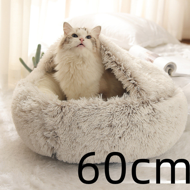 Round Plush Warm Pet Bed House 2 In 1 Sleeping Cushion