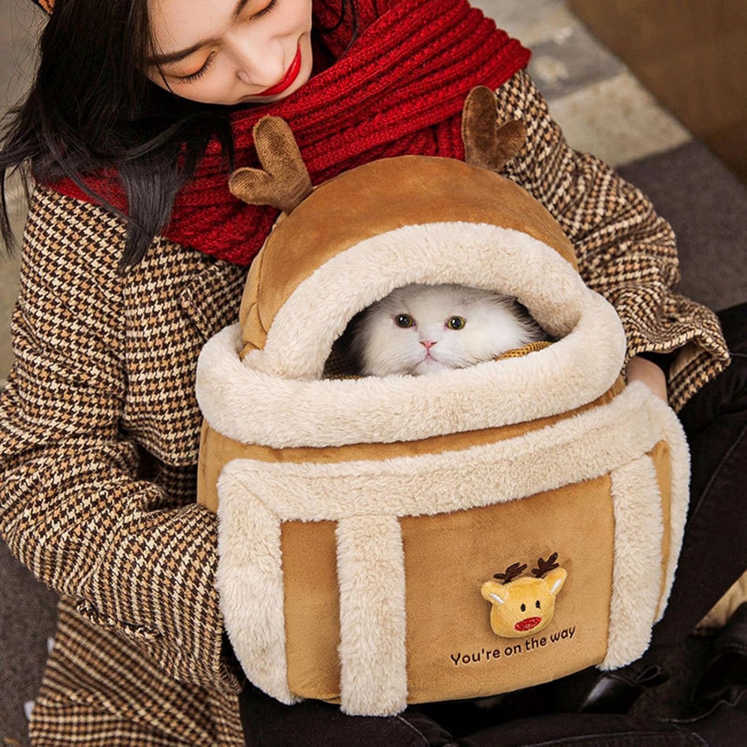 Plush Reindeer Pet Carrier Backpack Travel Bag With Warmers