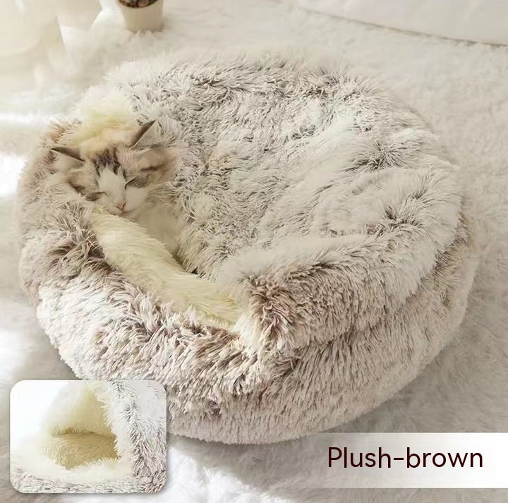 Round Plush Warm Pet Bed House 2 In 1 Sleeping Cushion